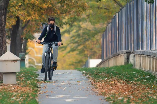 bike ride, man, pandemic, outdoors, riding a bike, autumn, transportation, bicycle, sidewalk, street, urban, leaves, landscape, trees, bicyclist, transport, ecological, sport, nature, healthy, snapshot